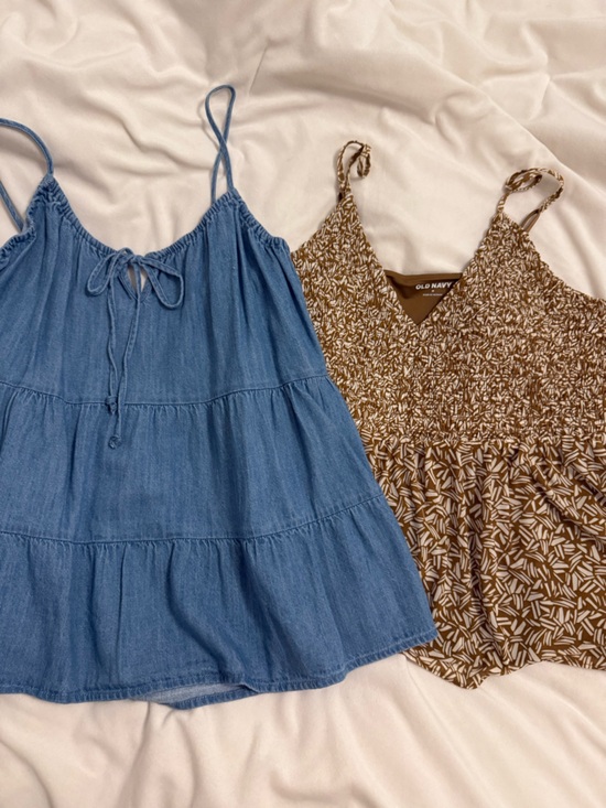 Old Navy Tops - Old Navy Blue Chambray Tank & Old Navy Brown Printed Tank Duo